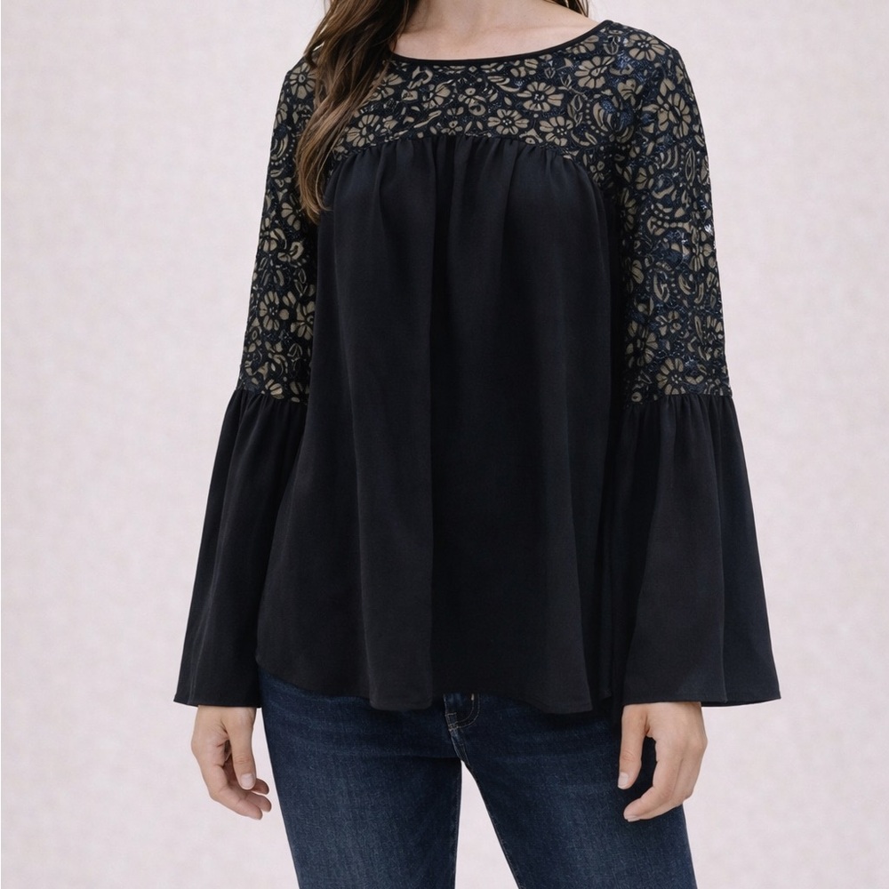 Lane Bryant Black Green Floral Lace Flounce Long Sleeve Gothic Blouse 16